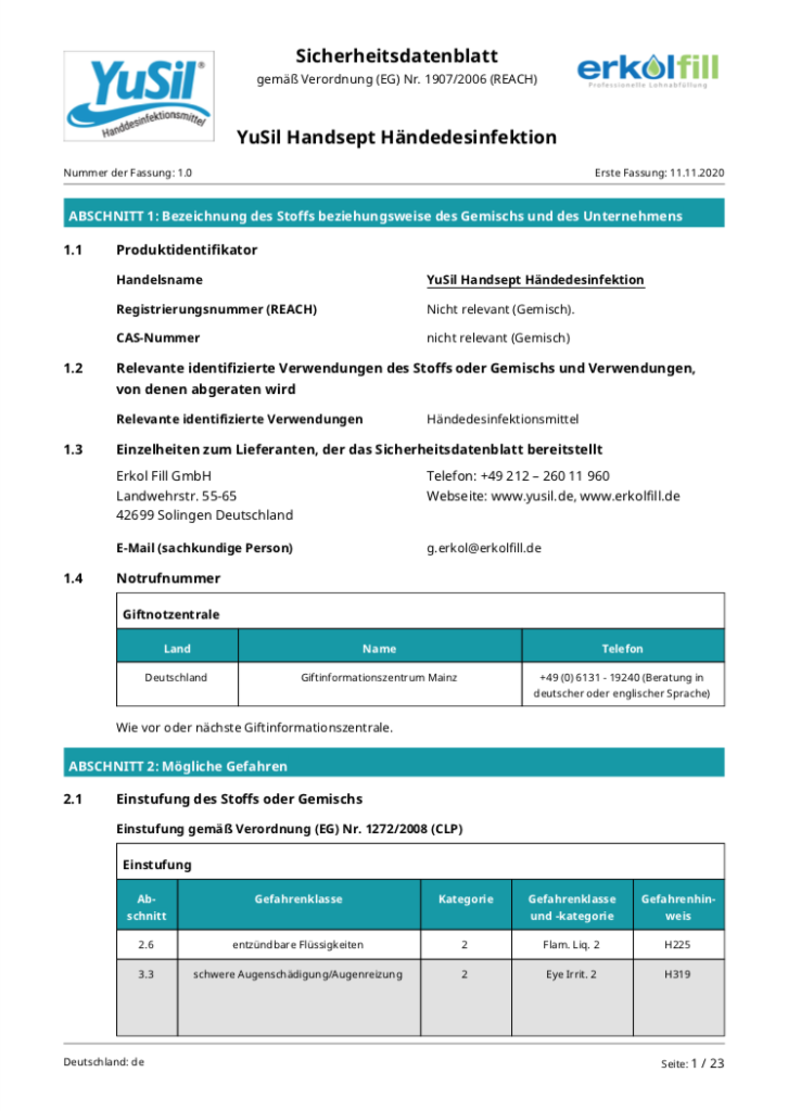 Das Sicherheitsdatenblatt zu unserem Handdesinfektionsmittel YuSil Handsept