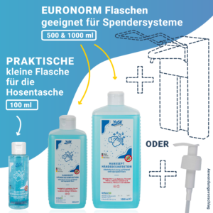 YuSil gibt es als praktisches Handdesinfektionsmittel für unterwegs und passend für Euronorm-Spender.