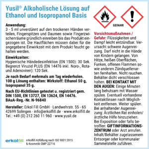 Die Inhaltsstoffe von YuSil Handdesinfektionsmittel.