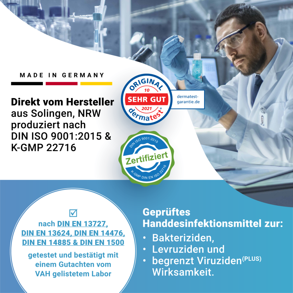 Das Handdesinfektionsmittel von YuSil ist laborgetestet und zertifiziert.